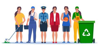 Job and professions set of elements. Women in uniforms, different occupation, work. Same woman character in different occupations. illustration. vector