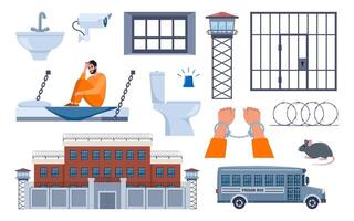 Prison elements. Observation tower, bed, prisoner man, window, prison bars, toilet bowl, sink, jail cell, rat, barbed wire, hands in handcuffs, security camera. Penitentiary system icons. . vector