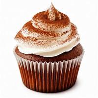 Delicious chocolate cupcake topped with creamy frosting. photo