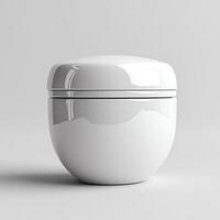 Stylish white container for storage or decoration on a minimalistic background. photo