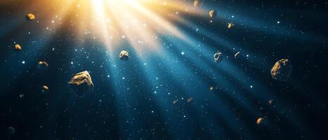 A stunning cosmic scene with rays of light illuminating asteroids. photo