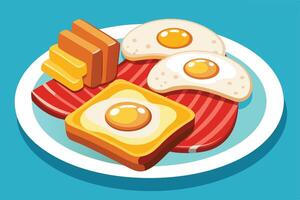 Delicious Cartoon Breakfast Platter with Eggs, Toast, and Butter vector