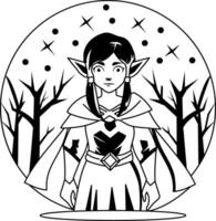 A glyph style illustration of elf girl character standing in a forest vector