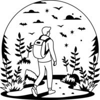 A glyph illustration of a man wearing backpack and going for forest adventure vector