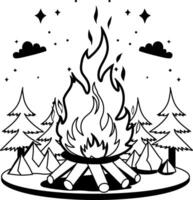 Glyph illustration of firewood surrounded by a forest under a starry night sky with a crescent moon. vector