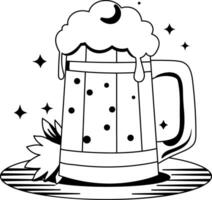 Glyph illustration of a beer mug filled with frothy beer against a night sky with stars vector