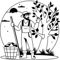 A glyph style illustration of a farmer standing in a cozy night vector