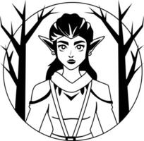 A glyph illustration of elf woman character standing between trees vector