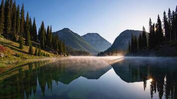 Mist rising over serene lake surrounded by tall mountains and trees video