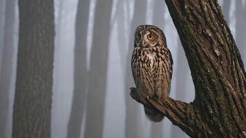 Owl perched on tree branch in misty forest setting video