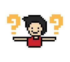 Cartoon cute question mark question quiz and answer male boy or man 8 bit talk think. vector