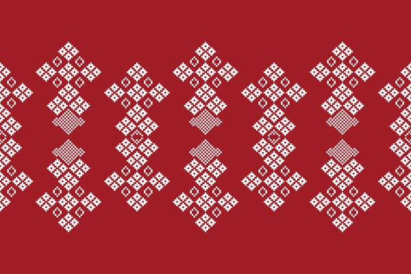 Ethnic pattern with red color background pixel design decoration cross stitch.
