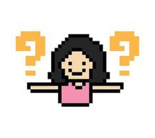 Cartoon cute design question mark question quiz and answer with lady female girl woman 8 bit talk think. vector