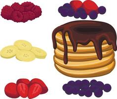 pancake constructor. Golden brown snack stack topped with rich, melted chocolate with berries, banana slices vector