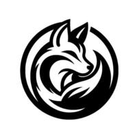 A stylized monochrome fox within a circular frame, depicting the animal curled and gazing to the right, suitable for brands. vector