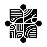 Abstract black and white puzzle featuring stylized quadrants with intricate patterns, arranged in a symmetrical composition. vector