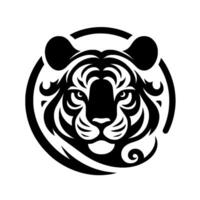 A Stylized Black and White Tiger Head A symmetrical, bold illustration with circular framing, showcasing detailed fur patterns and a fierce gaze. vector