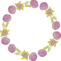 Floral simple circle frame isolated on white with hand drawn roses, leaves, berries vector