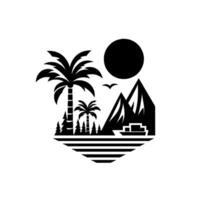 Monochromatic Island Scene Palm trees, mountains, boat, bird, and sun, stylized as a geometric landscape within a decorative emblem. vector