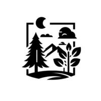 A minimalist black and white landscape illustration featuring a silhouetted forest, mountains, moon, and clouds within a rectangular frame. vector