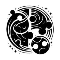 Abstract black and white circular composed of organic shapes, curves, stars, and dots, evocative of a stylized celestial map or cosmic . vector