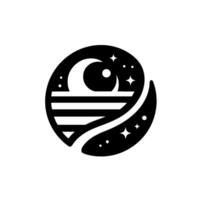 Abstract Black and White Celestial Illustration with Crescent Moon, Stars, and a Scales of Justice Symbolic Representation vector