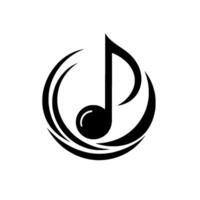 Artistic, minimalist black music note emblem encircled by crescent curves, set against a plain white background for a or . vector
