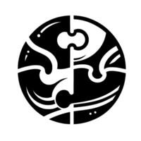 A symmetrical black and white circular puzzle with four uniquely shaped jigsaw pieces, creating an abstract and unified image on a plain white background. vector
