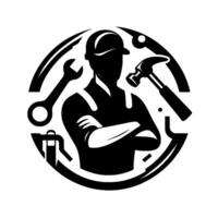 A circular, monochrome featuring a tradesman with crossed arms, surrounded by various tools wrench, hammer, and pliers. vector