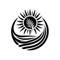 Abstract Black and White Sun with Rayed Halo, Leafy Element in Circle, Symbolic of Nature, Harmony and Growth. vector
