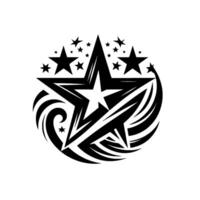 Intricate Black and White Star Tattoo with Swirls and Smaller Stars on a White Background. vector