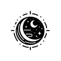 Celestial Emblem A stylized crescent moon and stars within a circular frame, representing the night skys serenity. vector