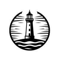 Black and White Lighthouse Silhouette Circular Emblem Featuring a Beacon on a Hilltop Amidst Waves, Framed by Arrows. vector