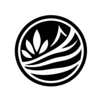 Circular black and white minimalist featuring stylized leaves, mountain peaks, and layered waves within a simple frame. vector
