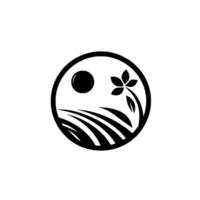 Abstract circular monochrome depicting a stylized field with flowing lines, a sun, and a delicate floral element, suggesting growth. vector