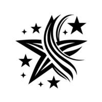 Black and white abstract star with curved, flowing lines, and additional stars in a minimalist, isolated composition. vector