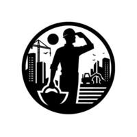 Silhouette of a construction worker with hardhat, saluting a cityscape featuring a crane, buildings, and construction machinery within a circular frame, monochrome style. vector