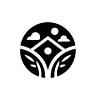 Minimalist Black and White Nature Geometric House, Leaves, Clouds, and Sun in a Circular Composition. vector