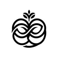 Stylized Black and White Apple with Intertwined Curves and Leaves on White Background, Symbolic . vector