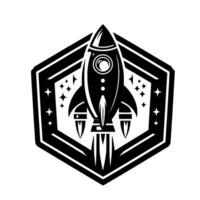 Monochrome Rocket Ship Emblem with Hexagonal Border, Featuring Stars and a RetroFuturistic Aesthetic vector