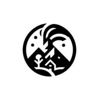 Minimalist Circular Featuring Mountain Peaks, a House, Tree, and Falling Water in Black and White vector