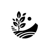 Monochromatic of a Young Tree, Rolling Fields, and Sun Inside a Circular , Representing Growth Nature. vector