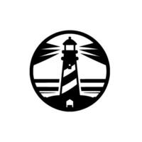 Black and white circular of a lighthouse with striped body, emitting beams of light over the water. vector