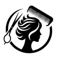 Black and white stylized salon featuring a womans silhouette, scissors, and a comb, enclosed in a circle. vector