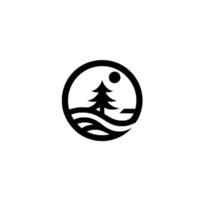 Stylized Black White Depicting a Pine Tree, Sun, and Water Elements Within a Circle, Evoking Nature. vector