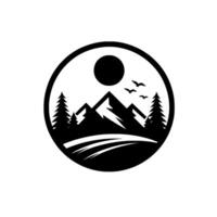 Black and white circular featuring stylized mountains, sun, birds, and trees, evoking nature and adventure. vector