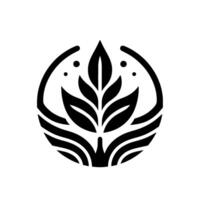 Stylized Black and White Featuring a Leafy Sprig Encased Within a Circular Frame, with Dots and Wave Elements. vector