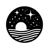 Night sky over ocean, moon rising above stylized waves within a black circular emblem, filled with stars and white space. vector