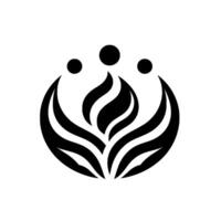 Black and white minimalist symbolizing growth and community, featuring stylized leaves, flame and three circles. vector
