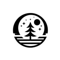 Minimalist black and white circular featuring a stylized pine tree silhouette, night sky with stars, and moon over a lake. vector
